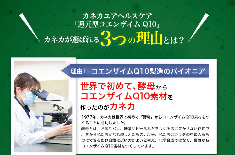 カネカユアヘルスケア「還元型コエンザイムQ10」カネカが選ばれる　3つの理由とは？ 理由1　コエンザイムQ10製造のパイオニア　 世界で初めて、酵母からコエンザイムQ10素材を作ったのがカネカ