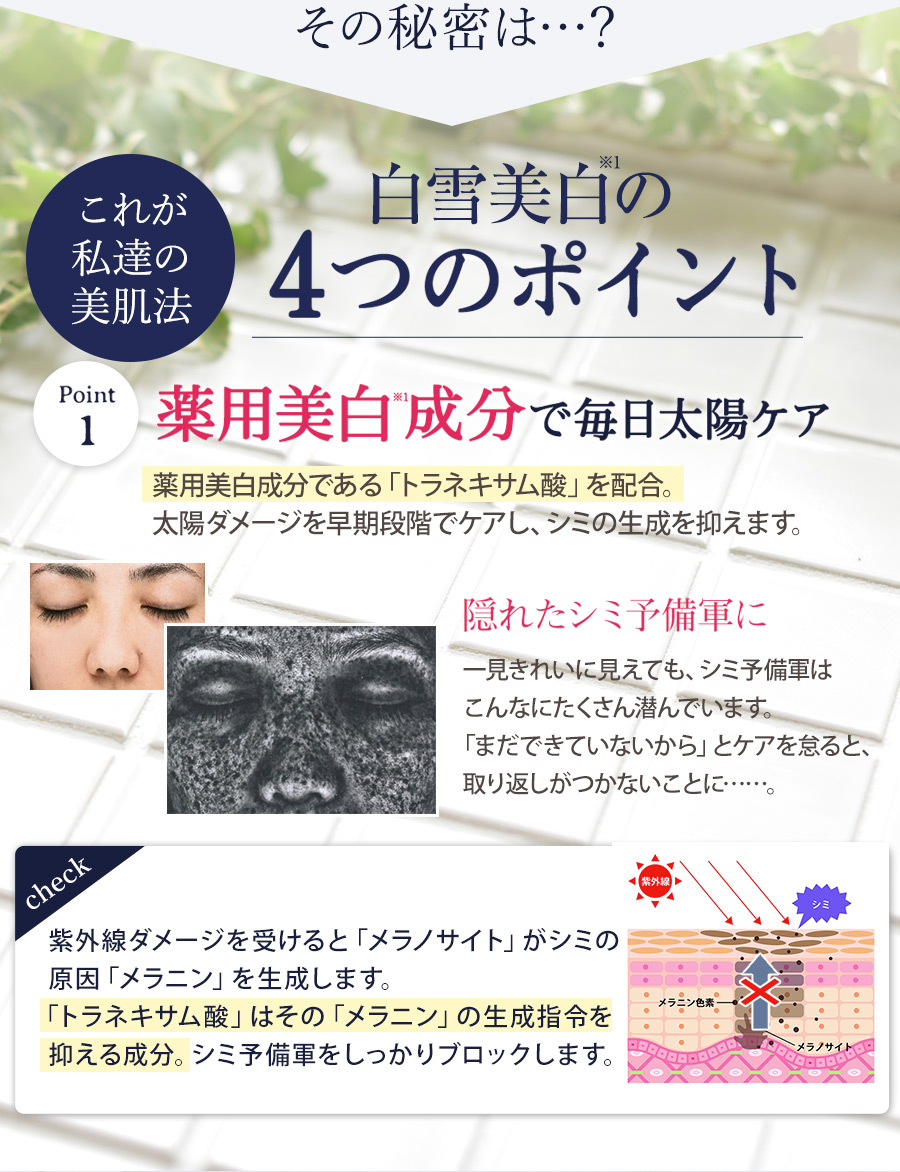 白雪美白の4つのポイント!【ポイント1】薬用美白成分で毎日太陽ケア